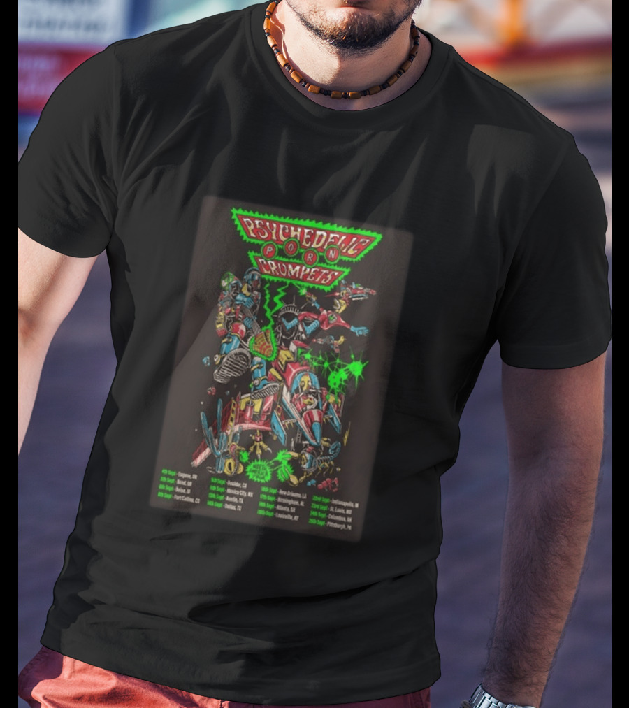 Psychedelic Porn Crumpets 2026 North America Tour With Neon Robot Graphics And Tour Dates T-Shirt