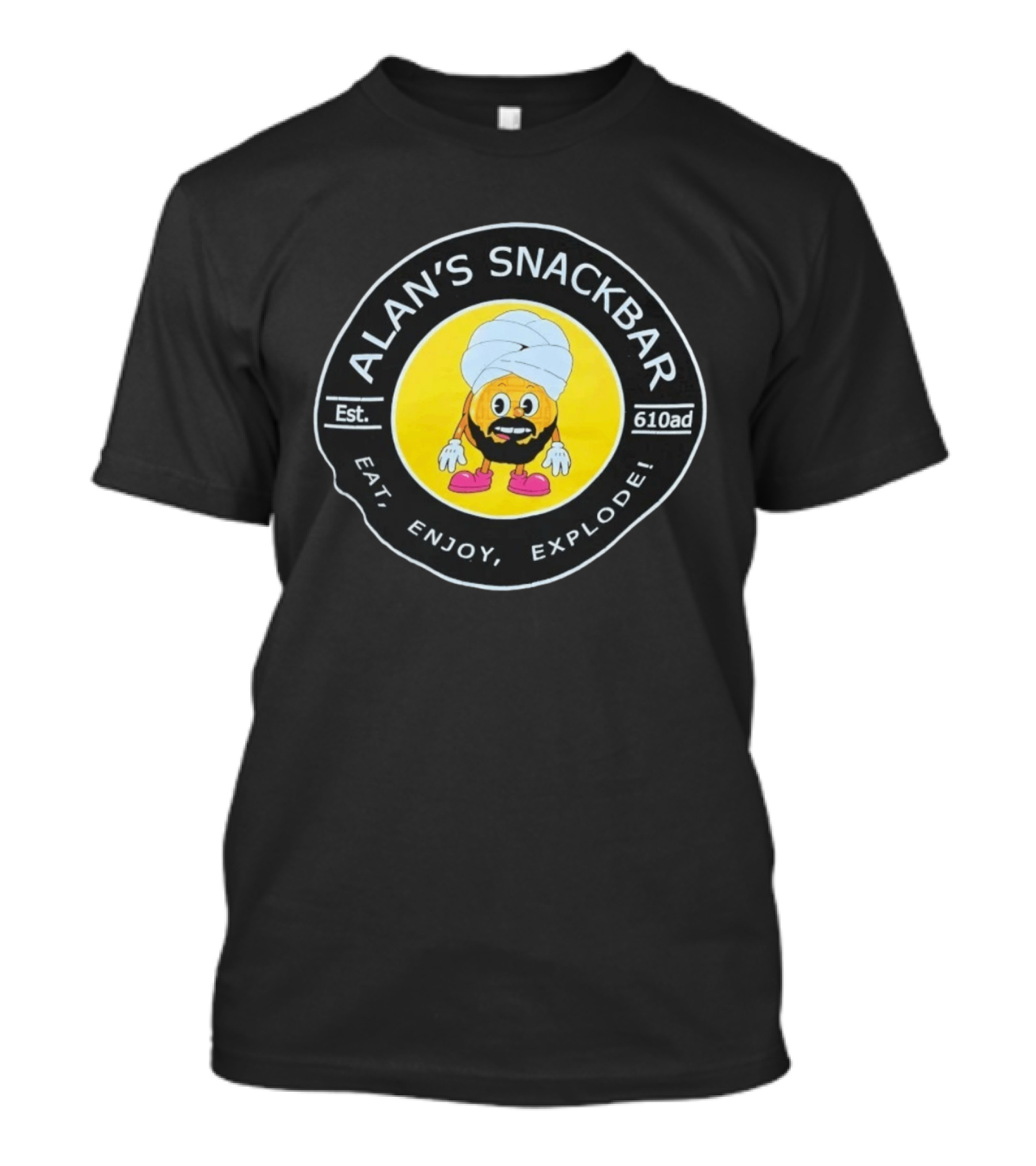 Alan's Snackbar Eat Enjoy Explode Est 610AD Circular T-Shirt