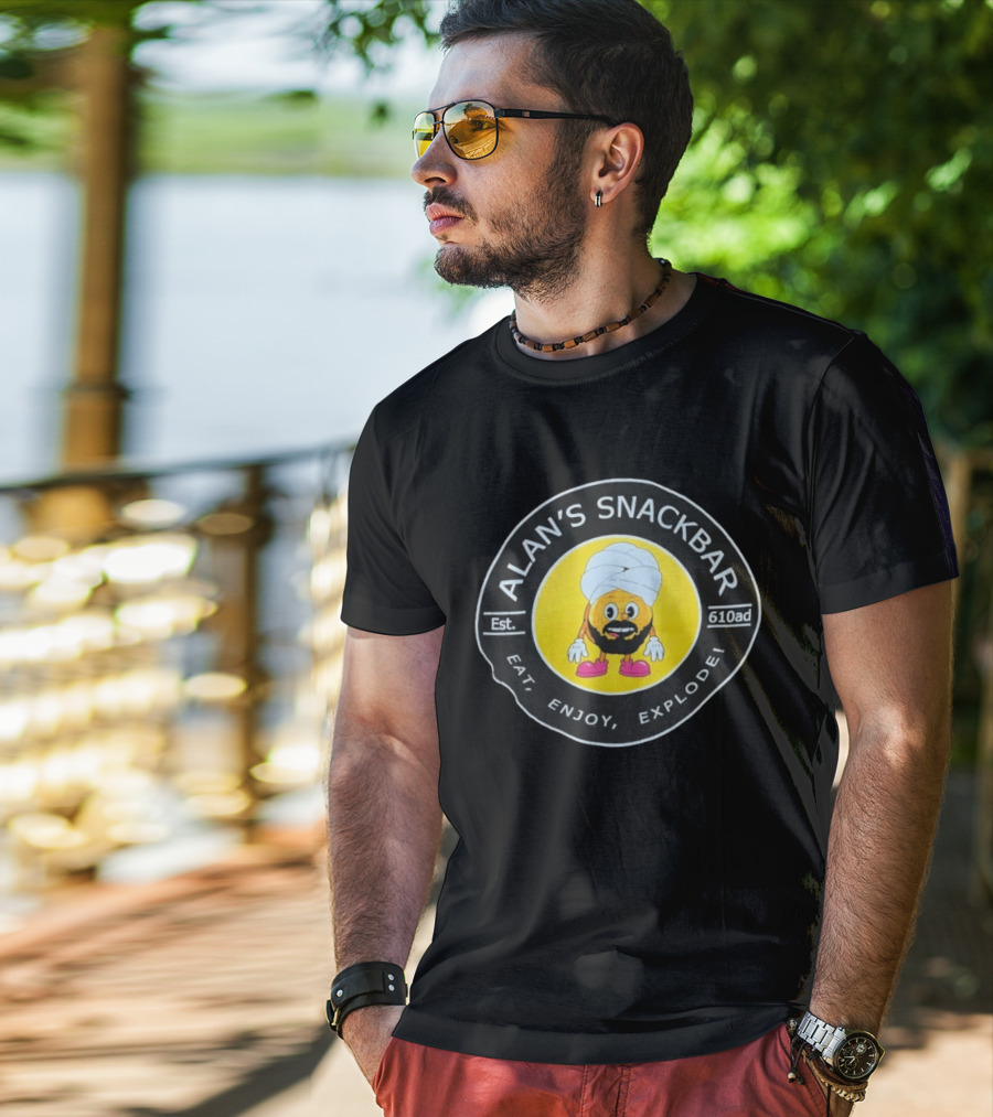 Alan's Snackbar Eat Enjoy Explode Est 610AD Circular T-Shirt