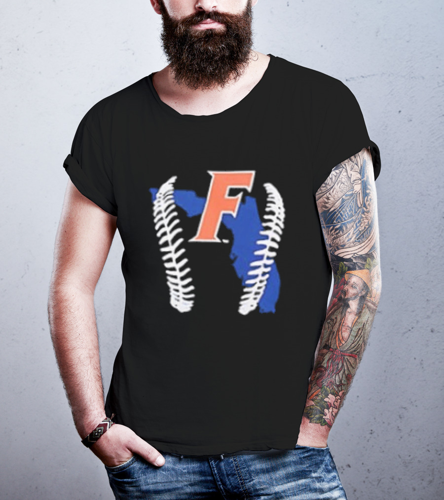 Florida Gators 2026 F Baseball Graphic With State Outline And Stitches T-Shirt