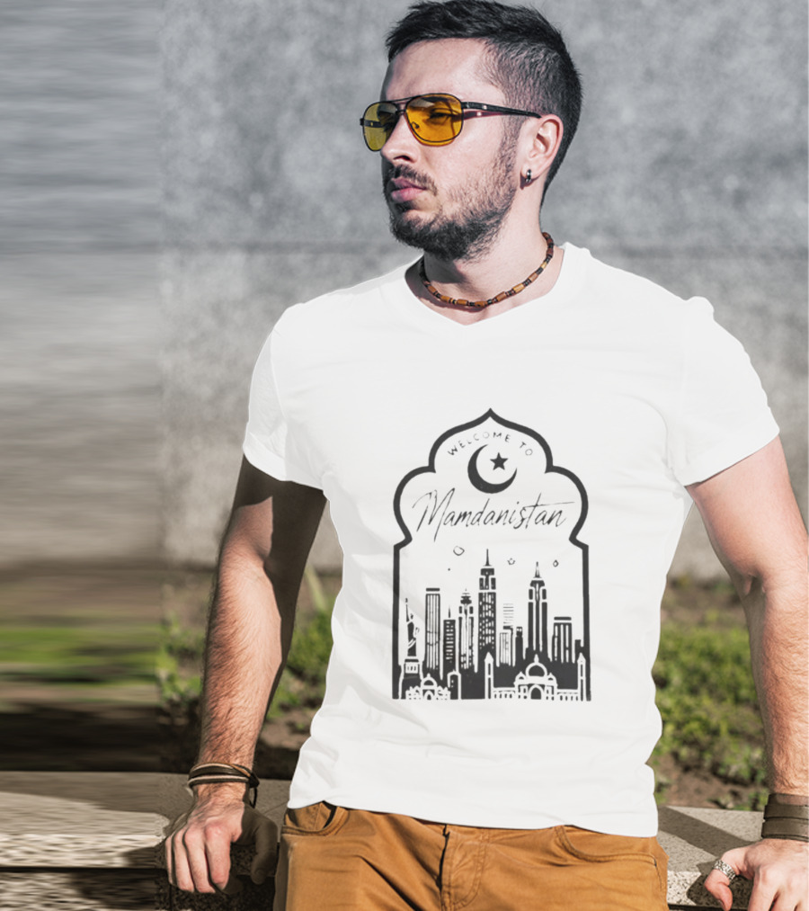 Welcome To Mamdanistan 2026 Back Skyline Crescent Star T-Shirt