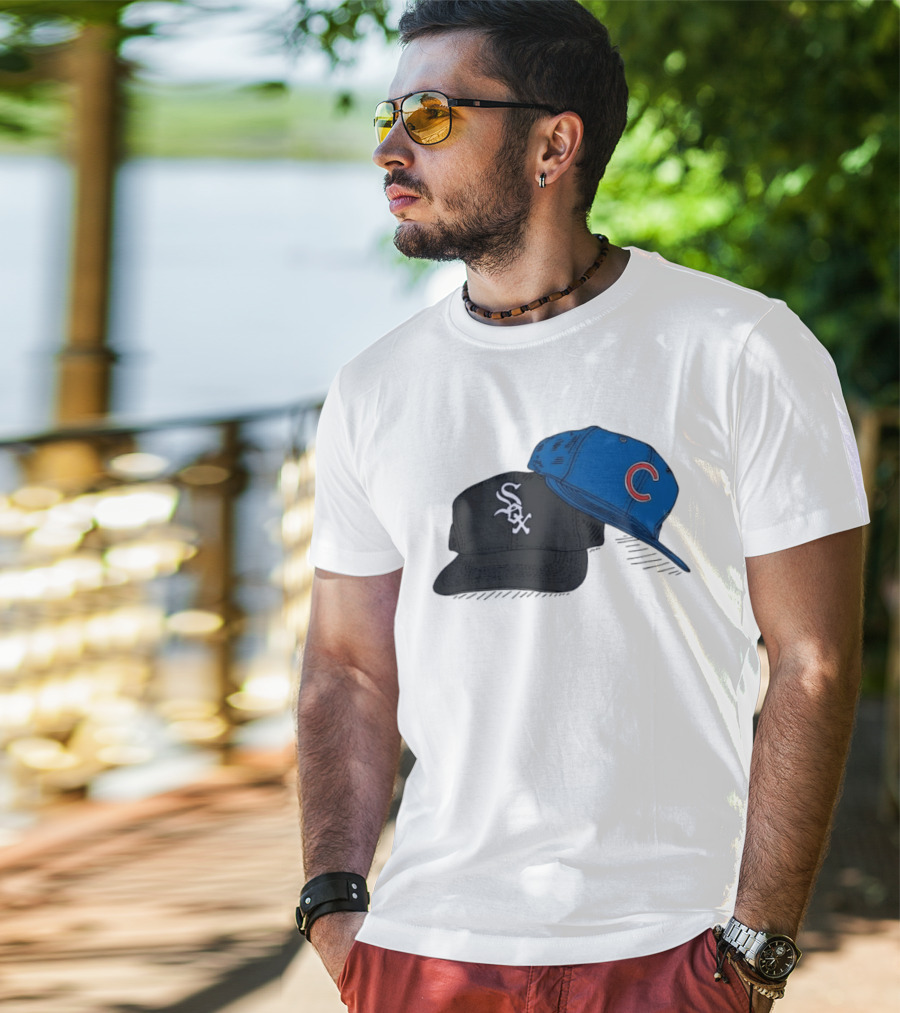 Chicago White Sox Black Hat And Chicago Cubs Blue Cap Baseball Fan Collection T-Shirt