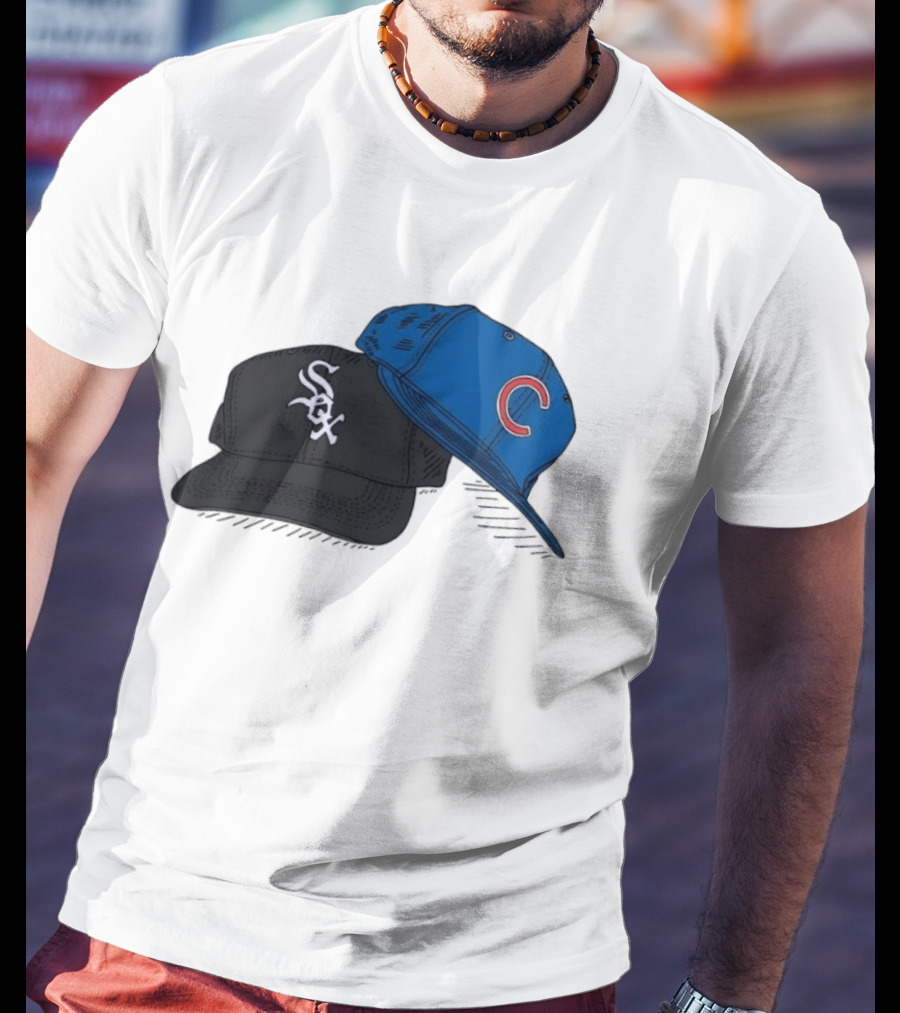 Chicago White Sox Black Hat And Chicago Cubs Blue Cap Baseball Fan Collection T-Shirt