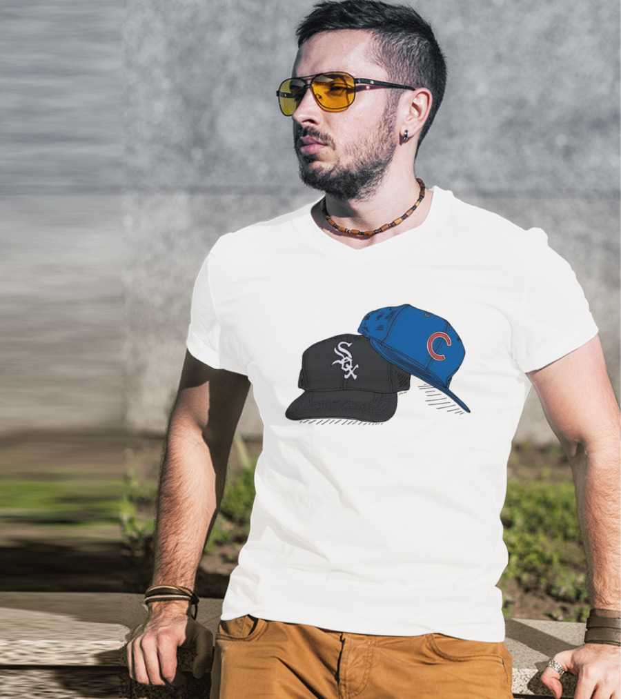 Chicago White Sox Black Hat And Chicago Cubs Blue Cap Baseball Fan Collection T-Shirt