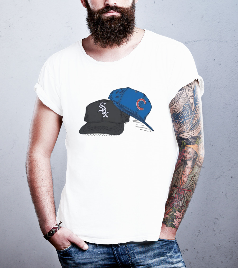Chicago White Sox Black Hat And Chicago Cubs Blue Cap Baseball Fan Collection T-Shirt
