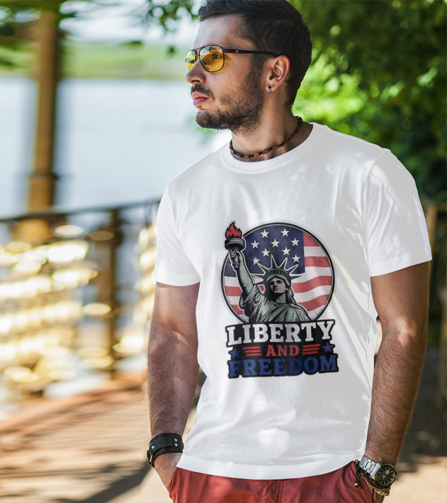 Liberty And Freedom Statue Of Liberty USA Flag Stars T-Shirt