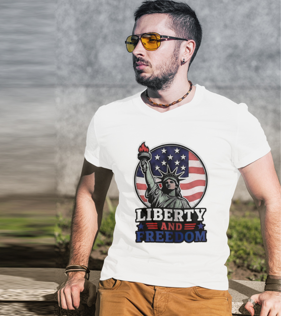 Liberty And Freedom Statue Of Liberty USA Flag Stars T-Shirt