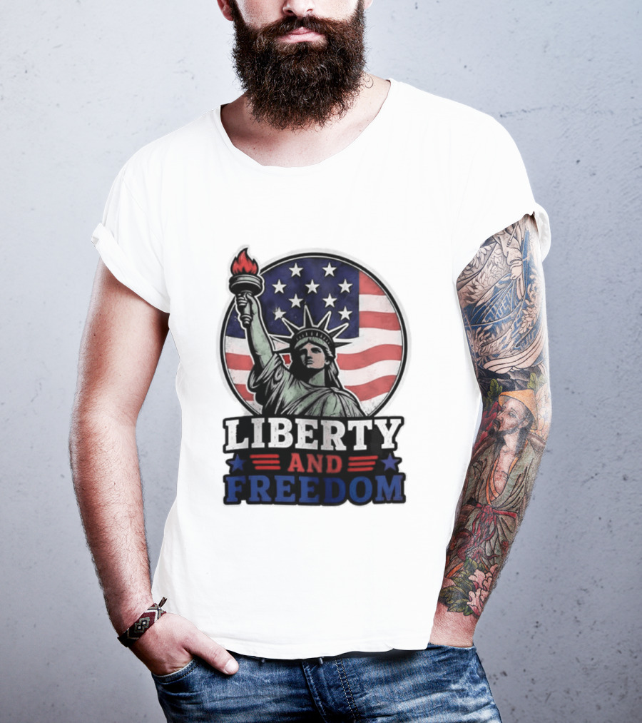 Liberty And Freedom Statue Of Liberty USA Flag Stars T-Shirt