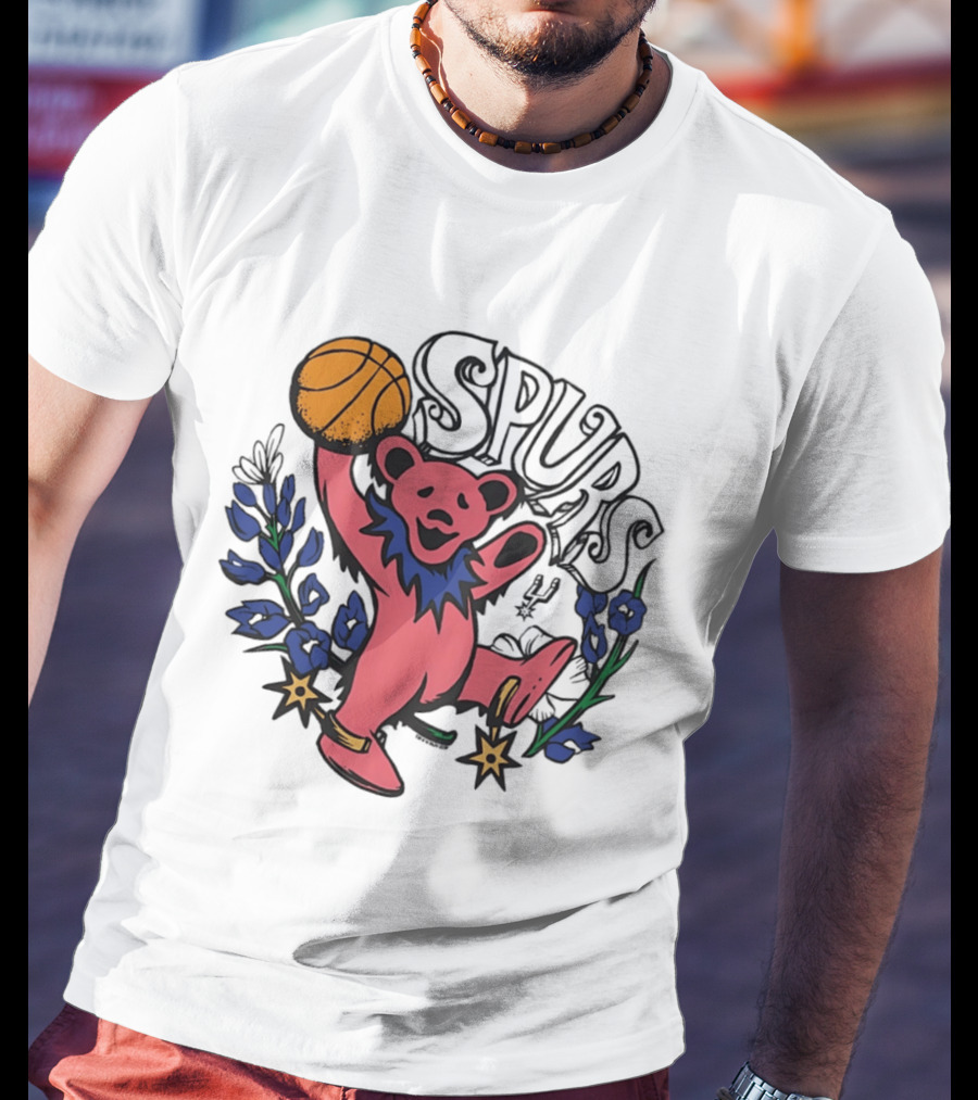 San Antonio Spurs Grateful Dead Bear Basketball Motif T-Shirt