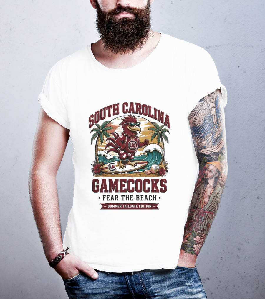 South Carolina Gamecocks Fear The Beach Summer Tailgate Edition Surfing Chicken Palm Trees Wave T-Shirt