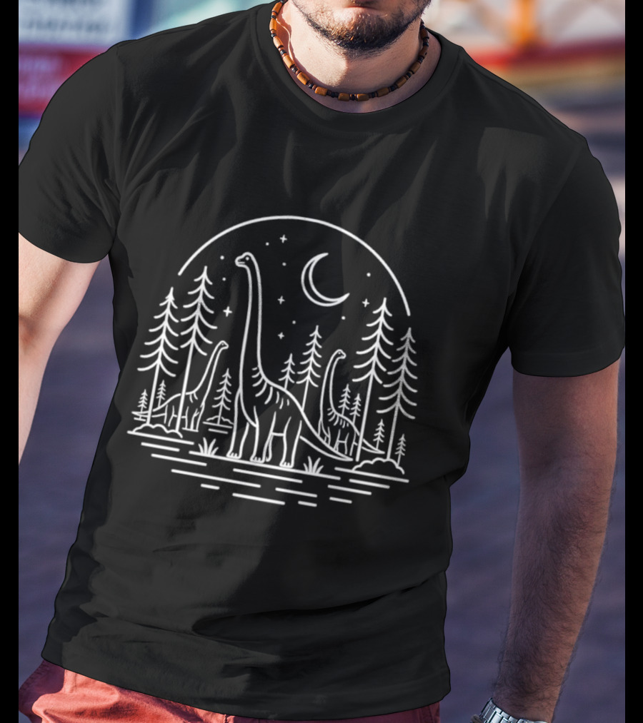 Brontosaurus Dinosaurs Forest Night Line Celestial Scene T-Shirt