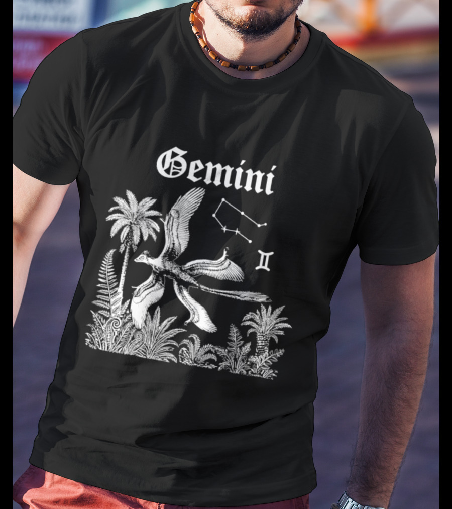 Gemini Feathered Dinosaur Constellation Tropical Scene T-Shirt