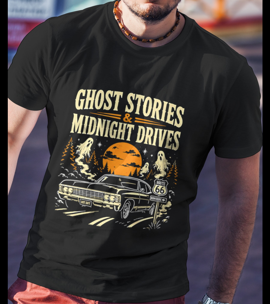 Ghost Stories Midnight Drives Route 66 Vintage Car Halloween Scene T-Shirt