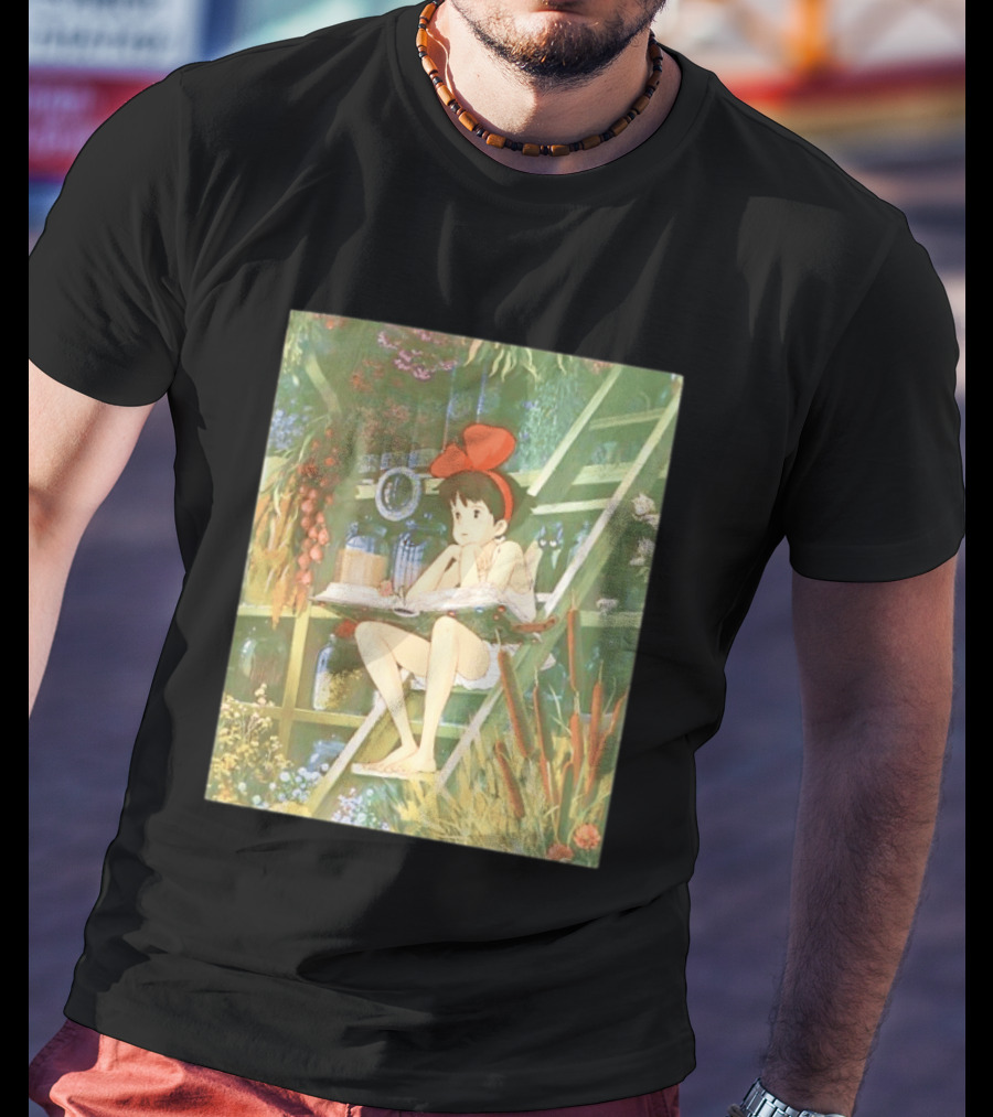 Kiki's Delivery Service Magic Book Cat And Botanical Greenhouse Scene T-Shirt