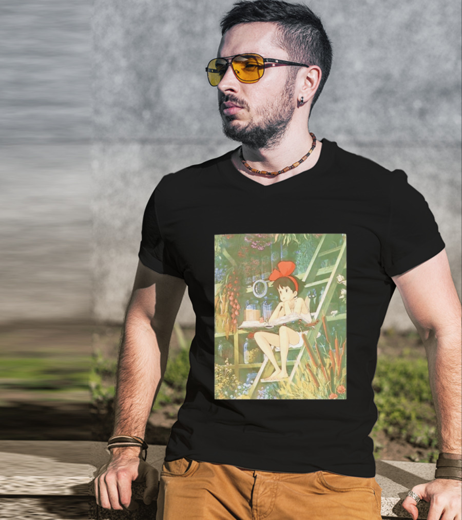 Kiki's Delivery Service Magic Book Cat And Botanical Greenhouse Scene T-Shirt