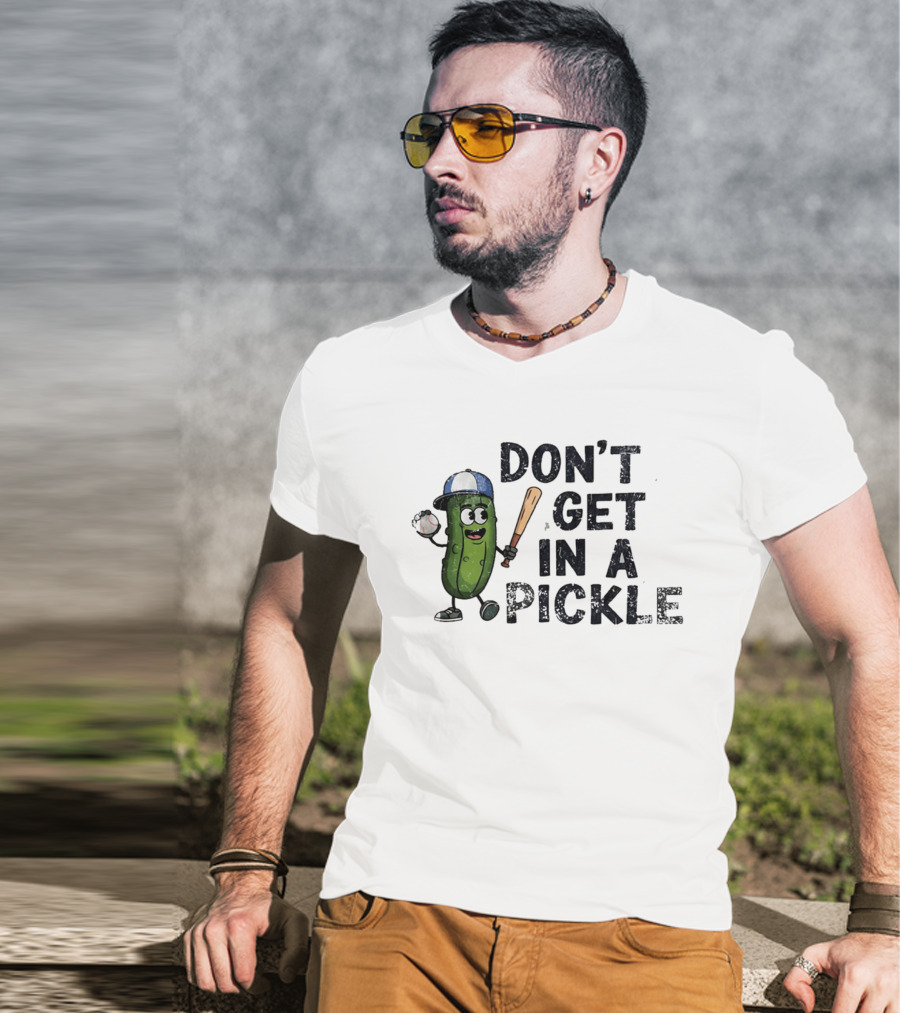 Don't Get In A Pickle Baseball Pun With Pickle Character Holding Bat And Ball T-Shirt