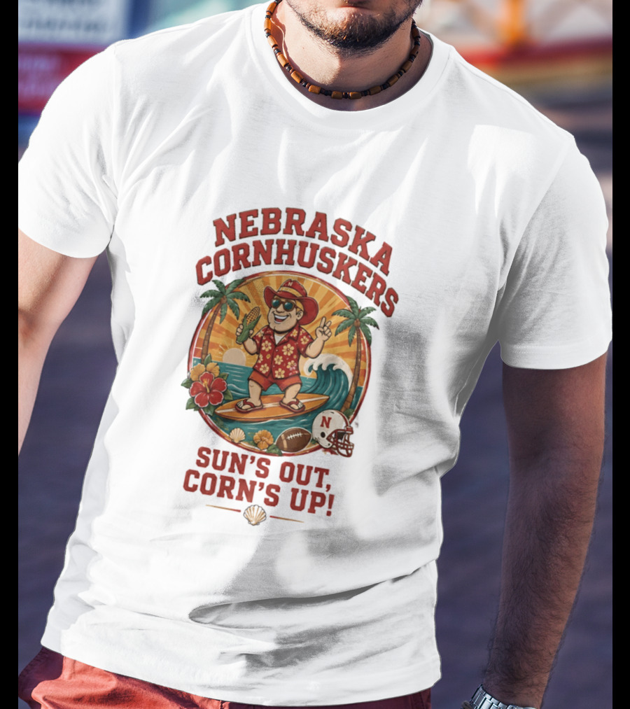 Nebraska Cornhuskers Sun's Out Corn's Up Tropical Surfing Football Fun T-Shirt