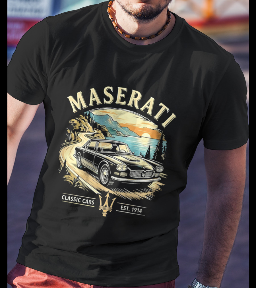 Maserati Classic Cars Est 1914 Vintage Sunset Road Scene T-Shirt