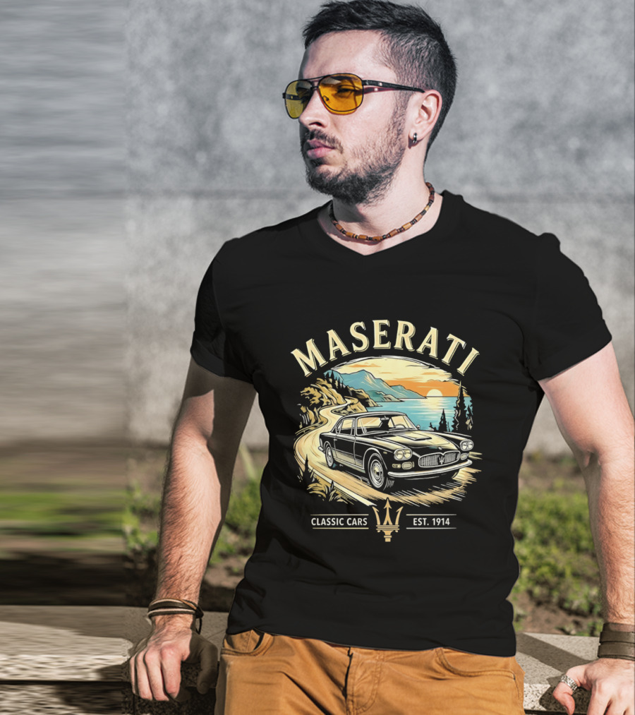 Maserati Classic Cars Est 1914 Vintage Sunset Road Scene T-Shirt