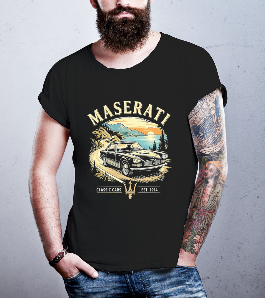 Maserati Classic Cars Est 1914 Vintage Sunset Road Scene T-Shirt