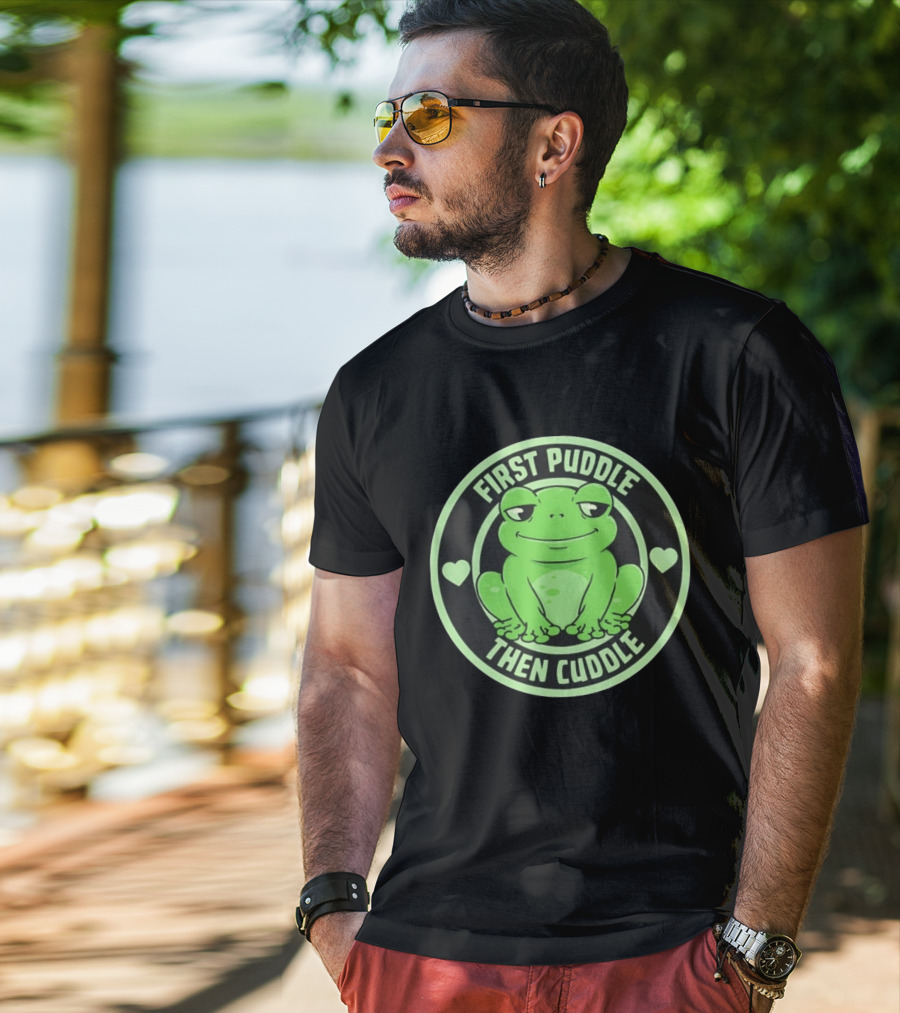 First Puddle Then Cuddle Frog With Hearts T-Shirt