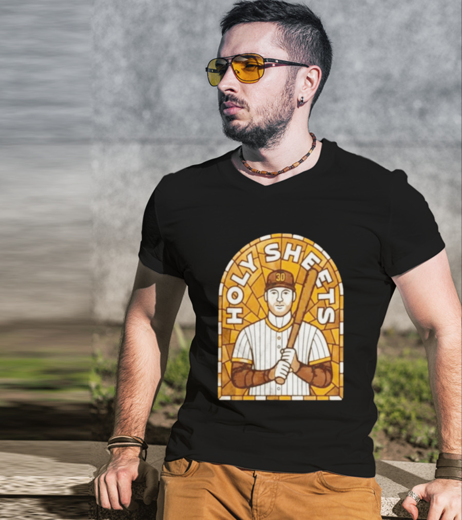 Holy Sheets Baseball Player Holding Bat 30 Stained Glass T-Shirt