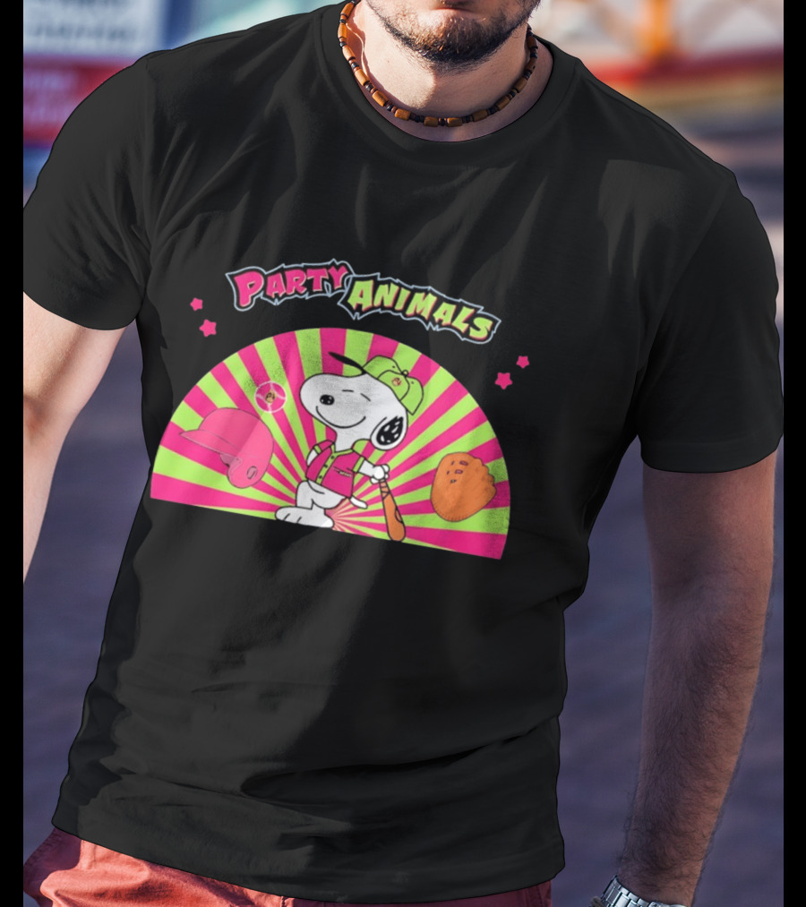 Snoopy Party Animals Baseball Glove Bat Cap Neon Stars T-Shirt