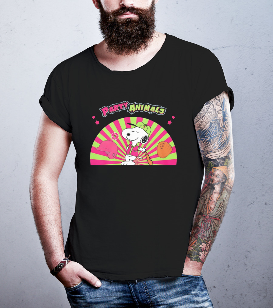 Snoopy Party Animals Baseball Glove Bat Cap Neon Stars T-Shirt