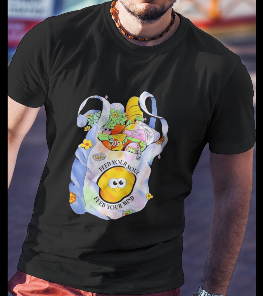Feed Your Soul Feed Your Mind Bag With Groceries And Cartoon Face T-Shirt