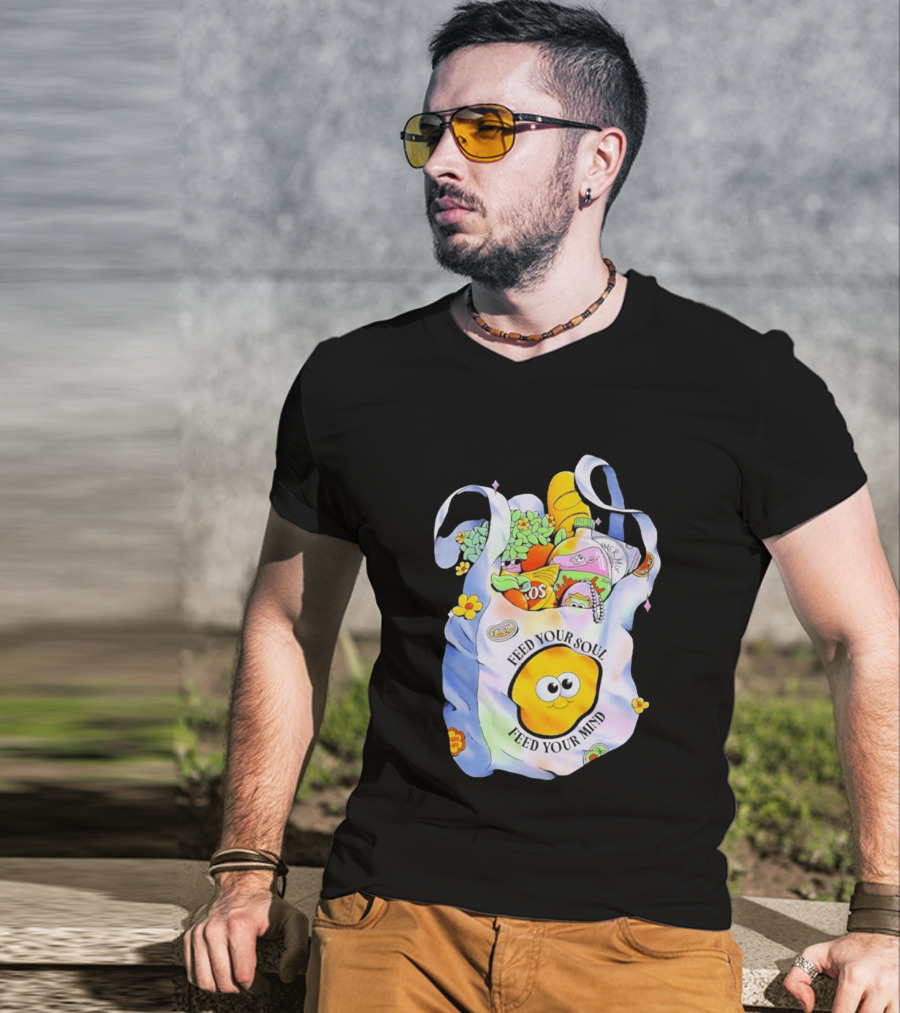 Feed Your Soul Feed Your Mind Bag With Groceries And Cartoon Face T-Shirt