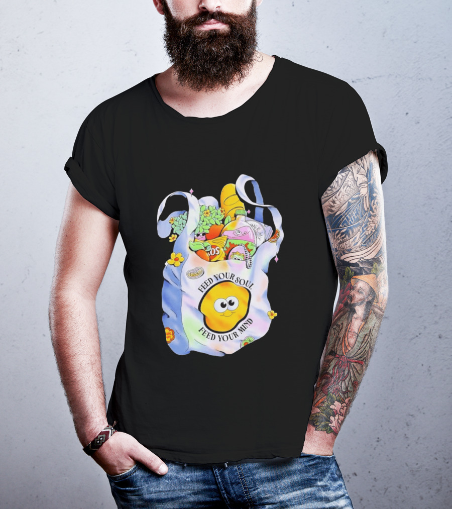Feed Your Soul Feed Your Mind Bag With Groceries And Cartoon Face T-Shirt