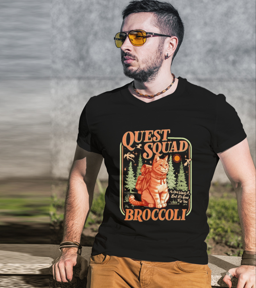 Quest Squad Broccoli Cat Backpack Adventure No One Wants It But It's Good For You T-Shirt