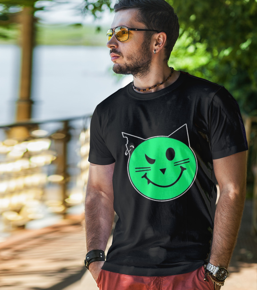Taliesin Wearing MeowMeowz Smiling Cat Face With Green Circle Black Ears Whiskers T-Shirt