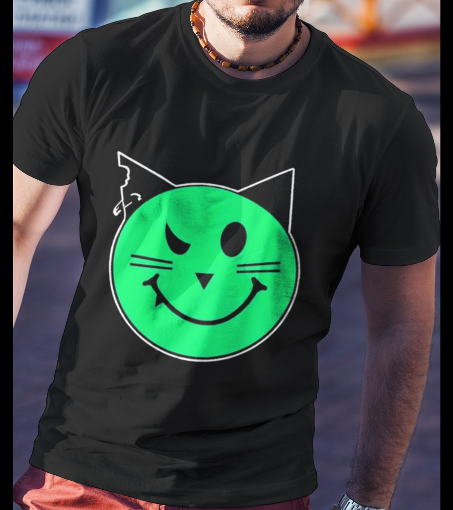 Taliesin Wearing MeowMeowz Smiling Cat Face With Green Circle Black Ears Whiskers T-Shirt
