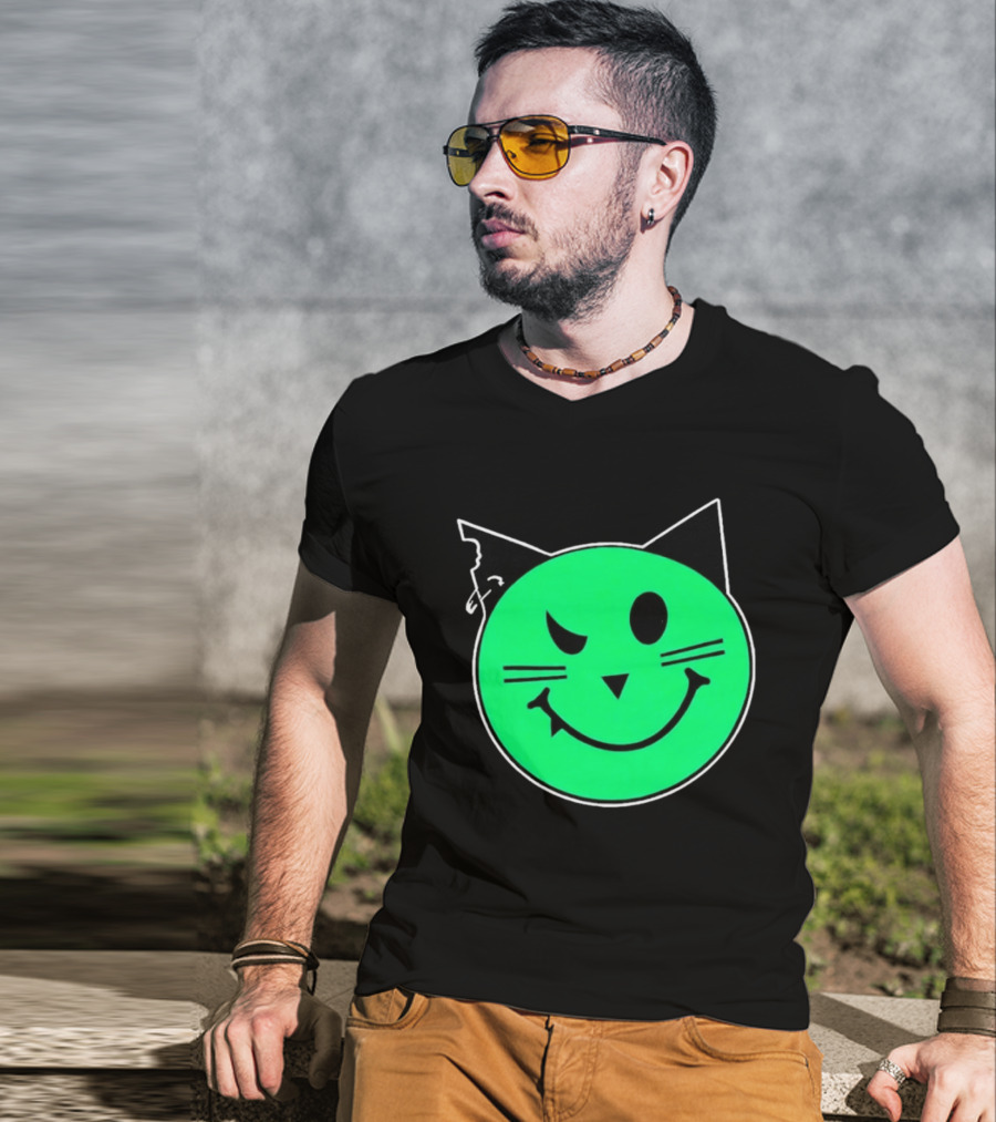 Taliesin Wearing MeowMeowz Smiling Cat Face With Green Circle Black Ears Whiskers T-Shirt