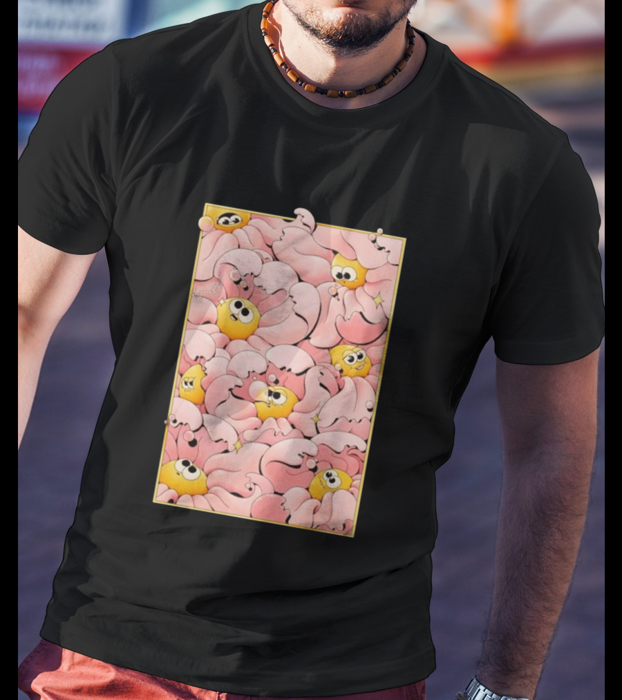 Many Yellow Round Characters With Large Eyes In Pink Flowing Cascades T-Shirt