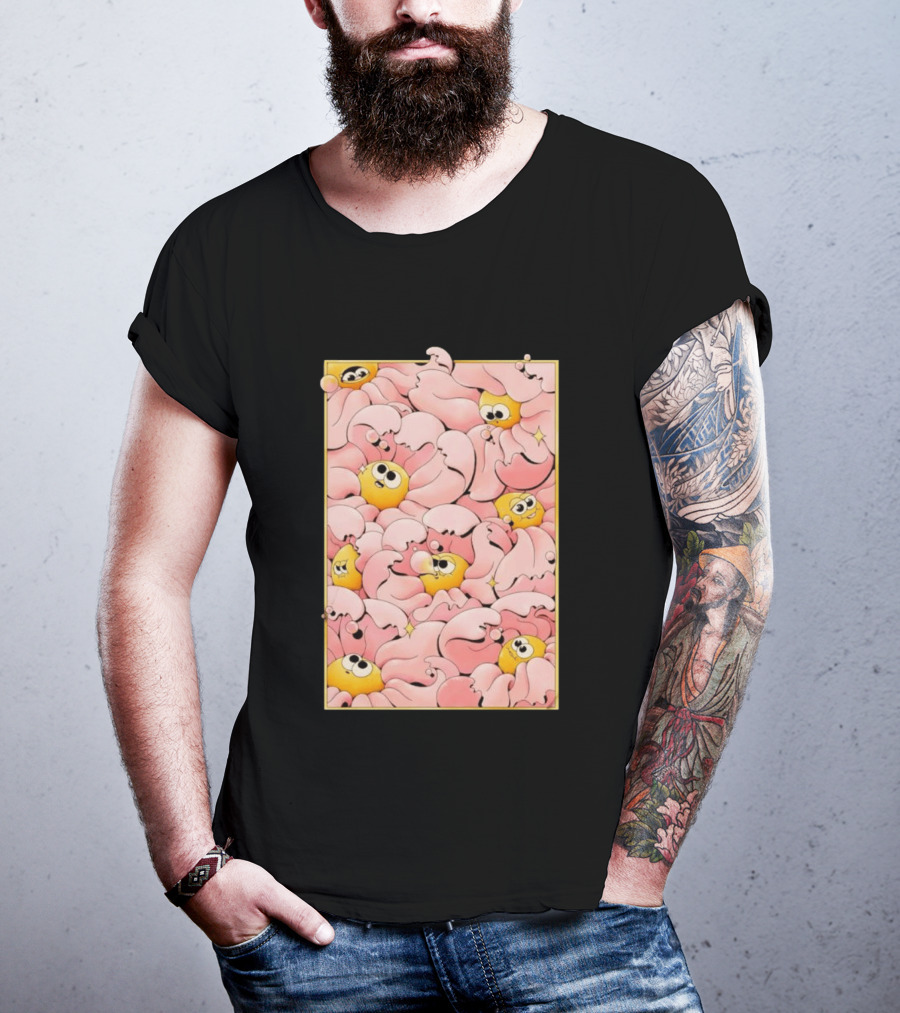 Many Yellow Round Characters With Large Eyes In Pink Flowing Cascades T-Shirt
