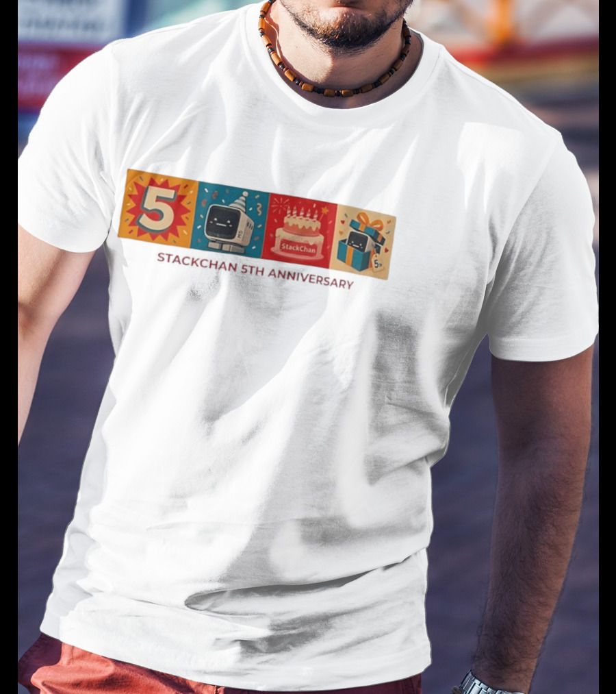 StackChan 5th Anniversary Celebration Cake Gift Box With Party Hat And Confetti T-Shirt
