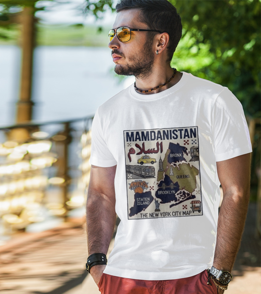 Mamdanistan Peace NYC Map Featuring Knicks Bronx Brooklyn Queens Staten Island Taxi Subway T-Shirt