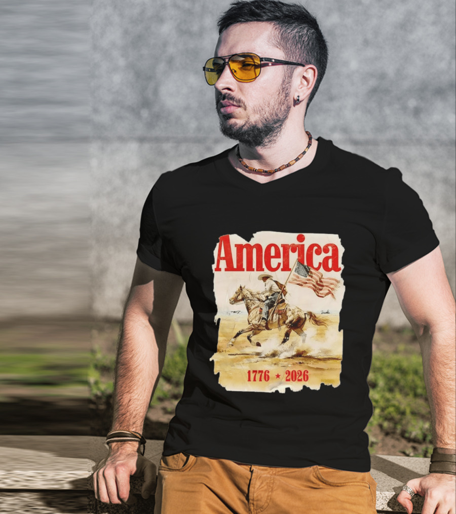 America 1776 2026 Cowboy Horse American Flag Iconic Historical T-Shirt