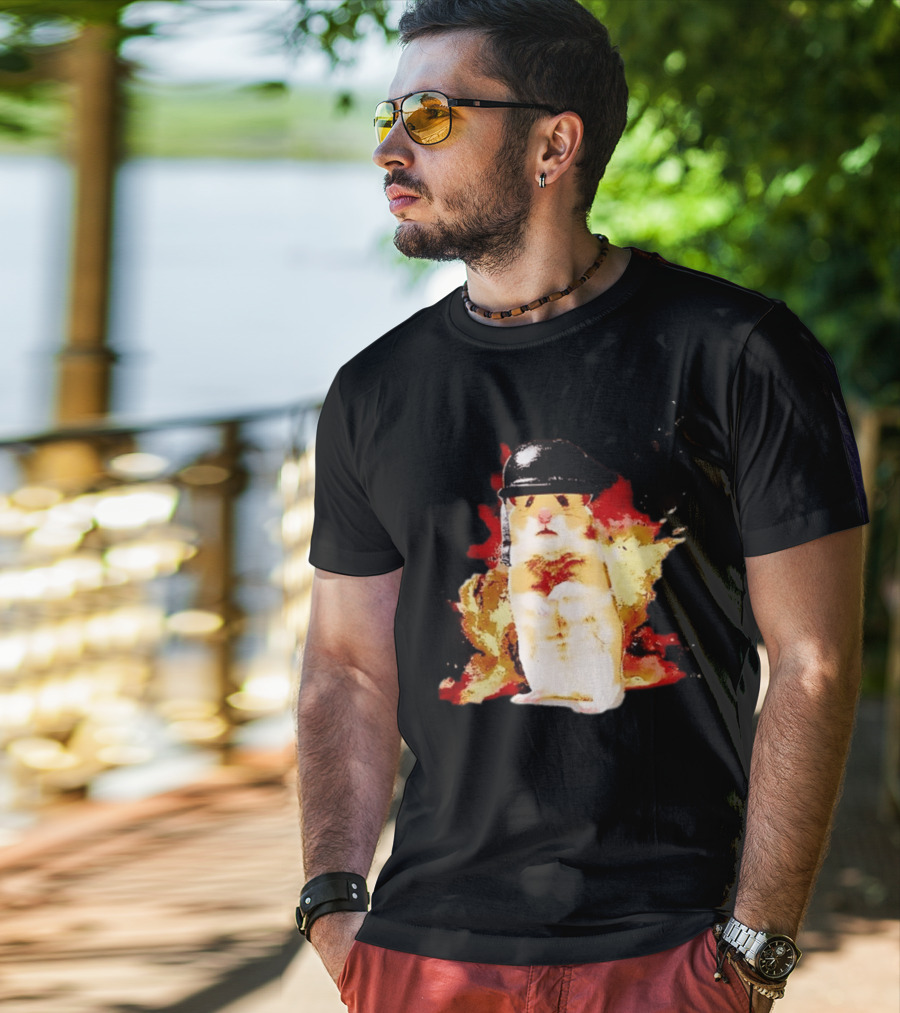 Shocked Hamster Military Helmet Watercolor Explosion T-Shirt