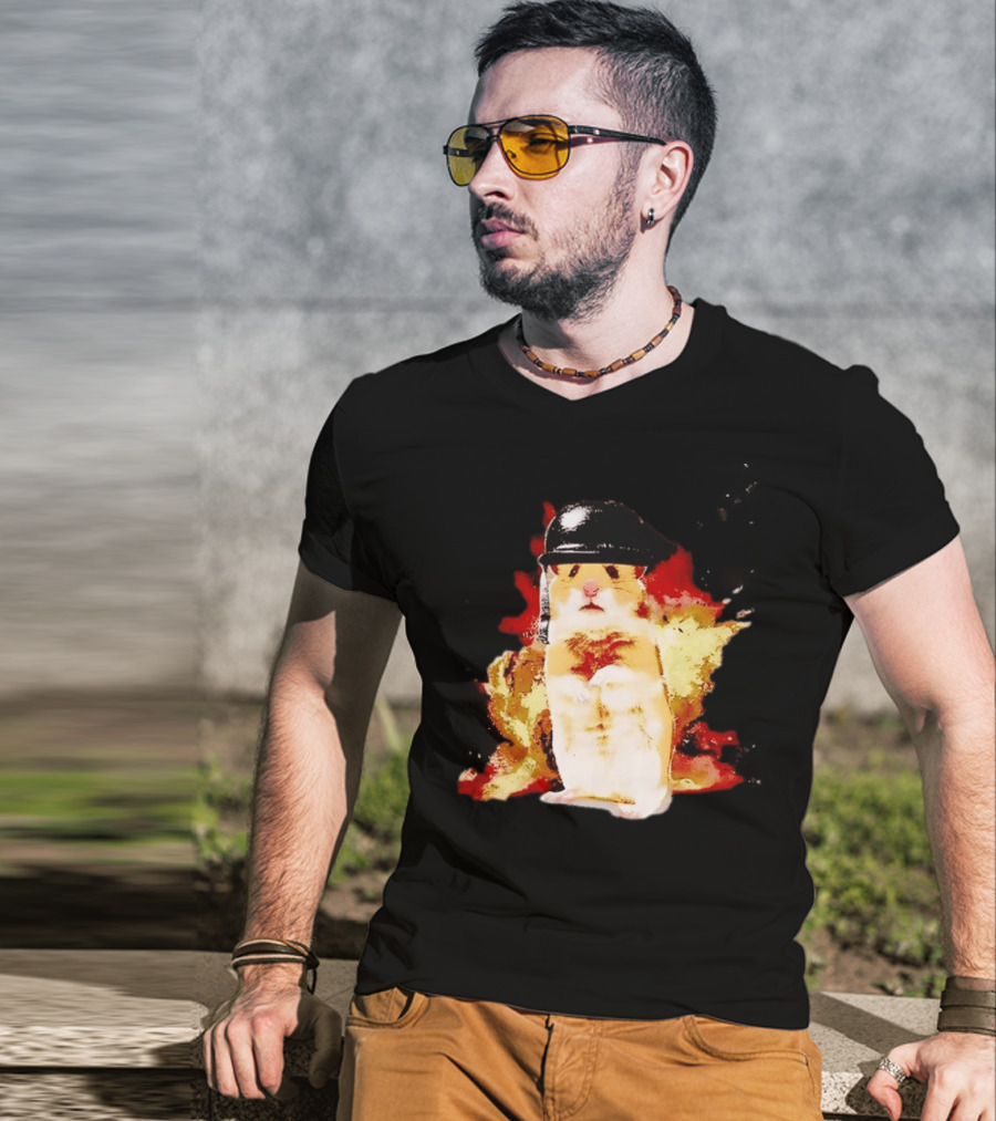 Shocked Hamster Military Helmet Watercolor Explosion T-Shirt