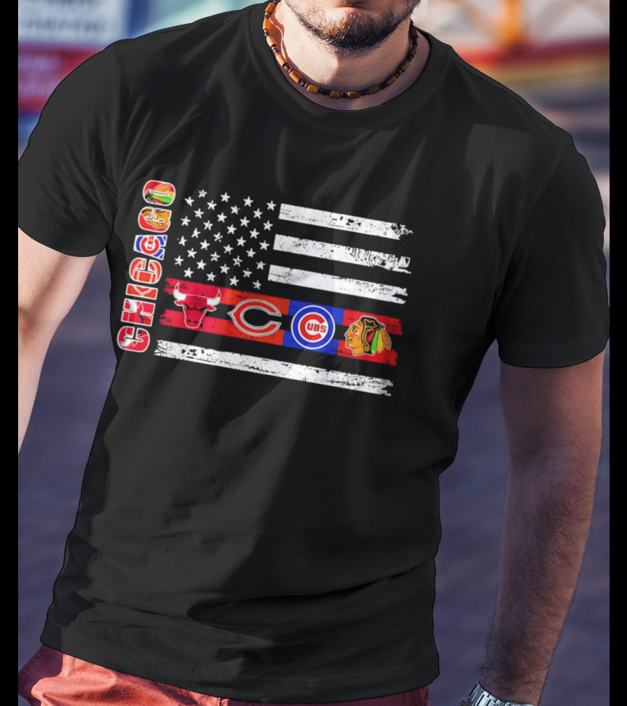 Chicago Bulls Bears Cubs Blackhawks American Flag T-Shirt