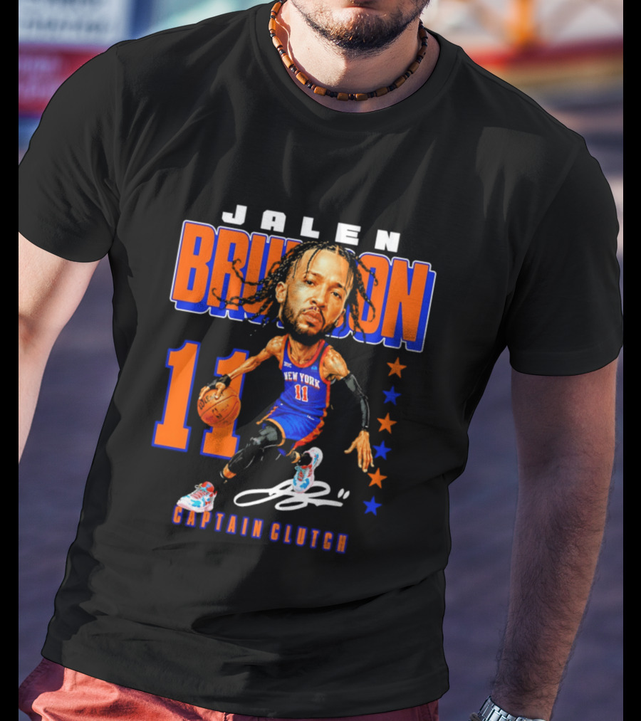 Jalen Brunson New York 11 Captain Clutch Caricature T-Shirt