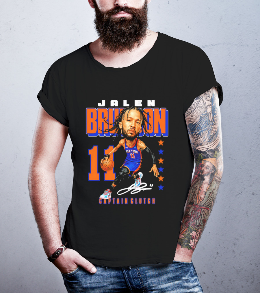 Jalen Brunson New York 11 Captain Clutch Caricature T-Shirt