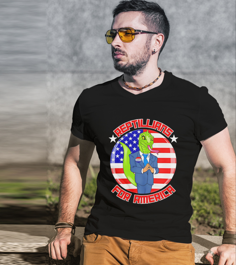 Reptillians For America Vote Lizard In Suit With American Flag T-Shirt