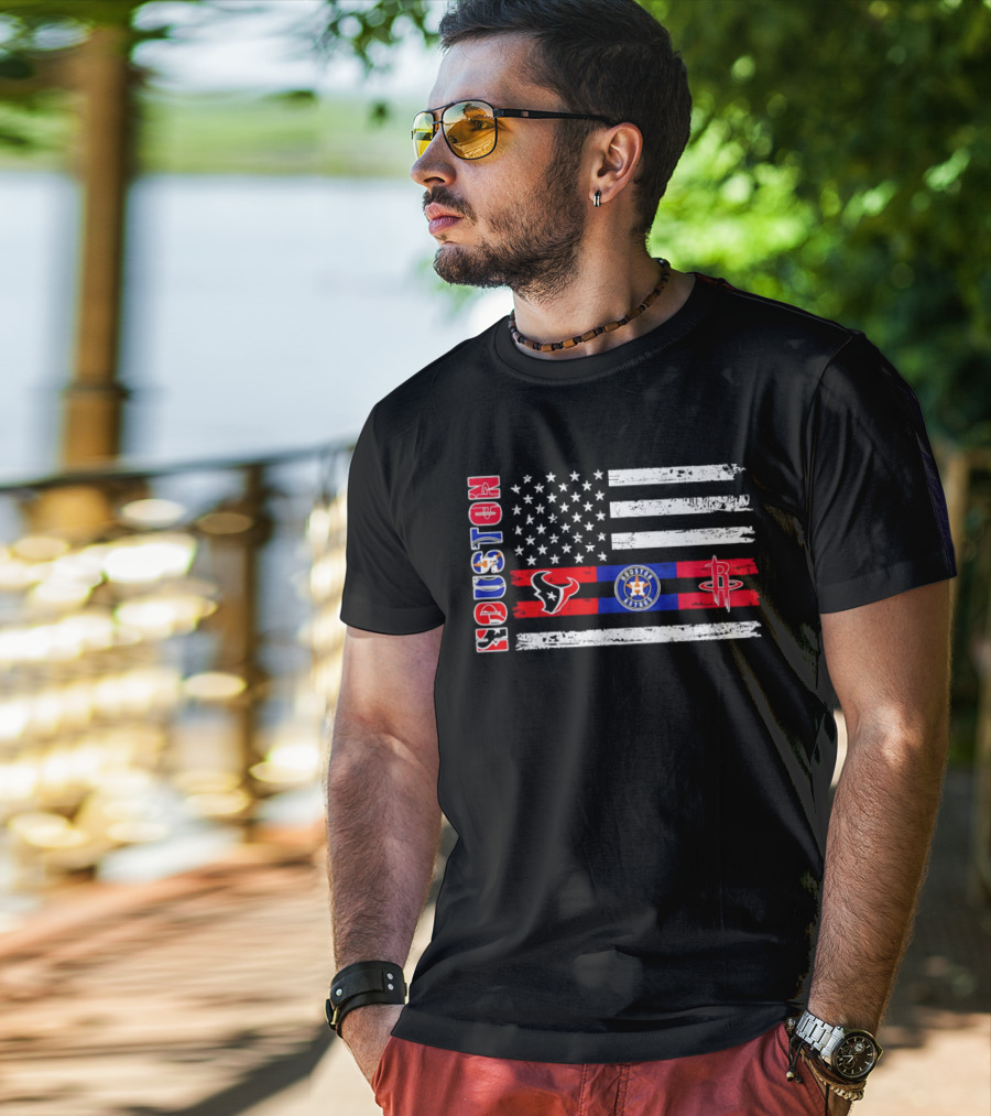 Houston Texans Astros Rockets American Flag T-Shirt