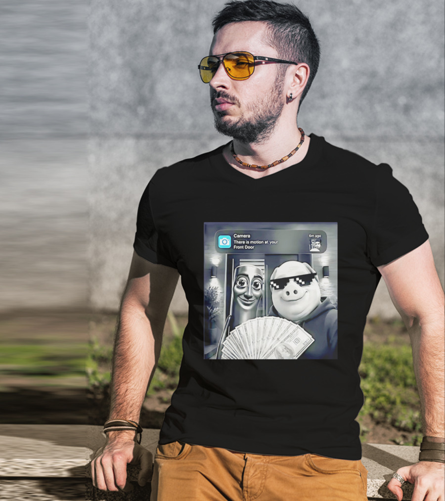 Tung Tung Tung Sahur John Pork Black Glasses Meme Camera Motion At Your Front Door T-Shirt