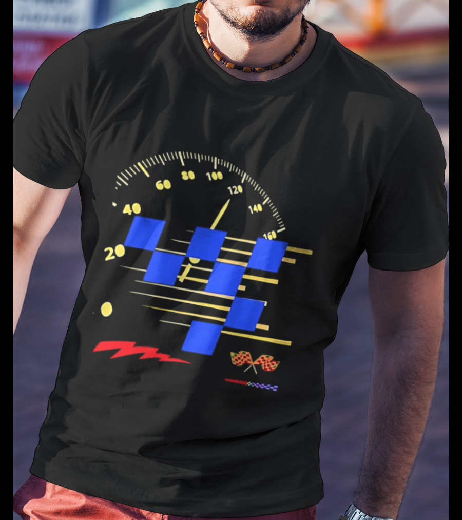 Automotive Racing Speedometer Blue Checkered Flags And Gold Accents T-Shirt