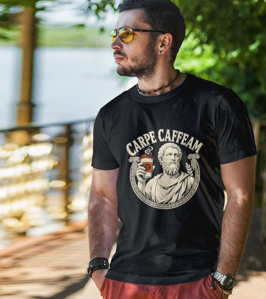 Carpe Caffeam Ancient Philosopher Coffee Cup Greek Column Statue T-Shirt